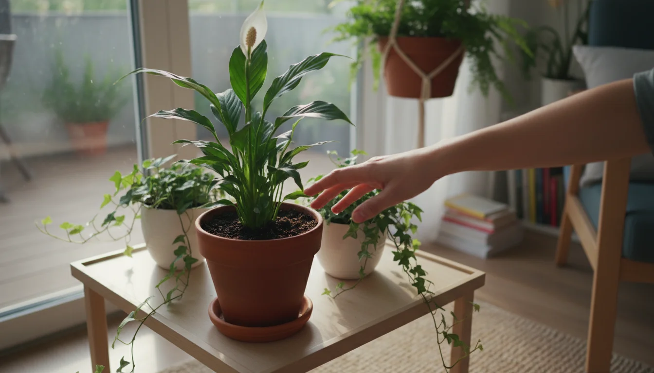 Person's hand gently tests the soil moisture of a peace lily in a terracotta pot on a plant-filled side table indoors.