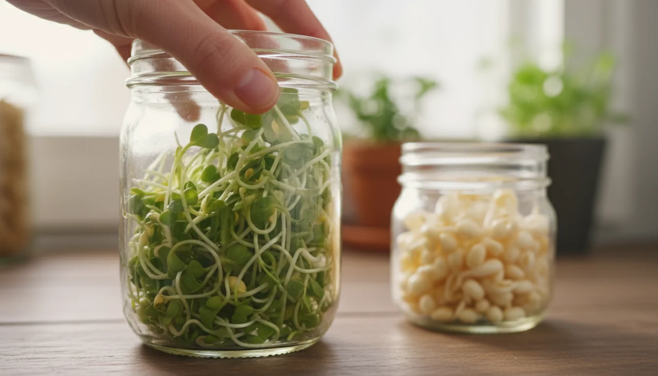 A person's hand tilts a mason jar filled with vibrant green alfalfa sprouts. Another jar with white mung bean sprouts sits nearby.