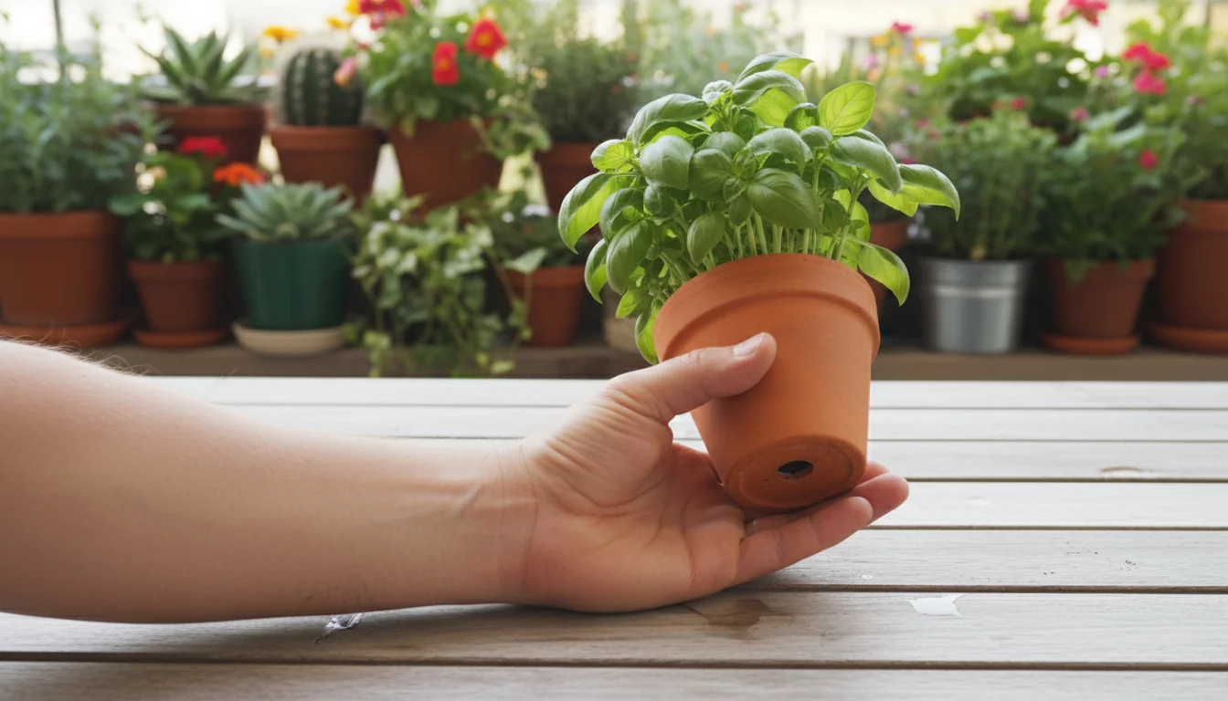 Person's hand gently tilts a terracotta pot with a leafy plant on a balcony table, inspecting its drainage hole. Blurred container plants in backgroun