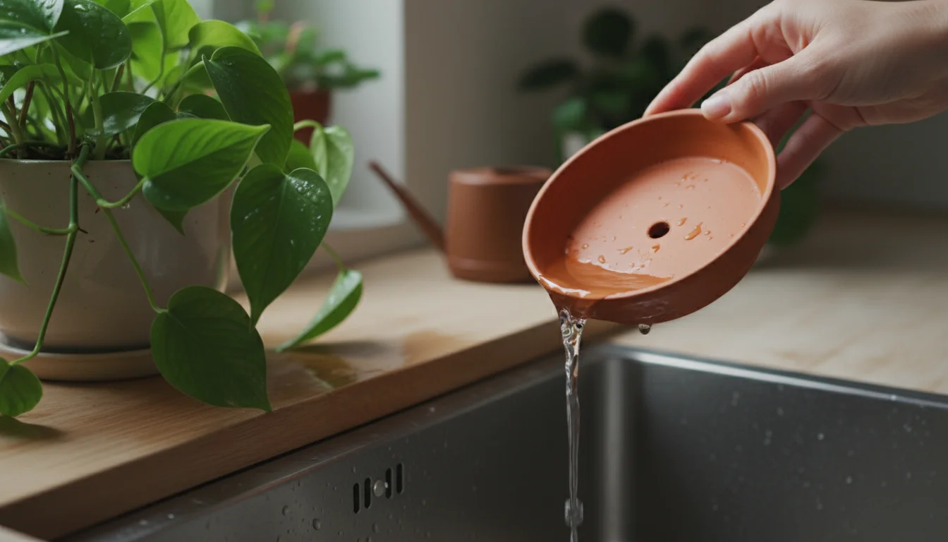 Person's hand tipping a terracotta plant saucer to empty excess water, with a green houseplant in its pot on a wooden surface.