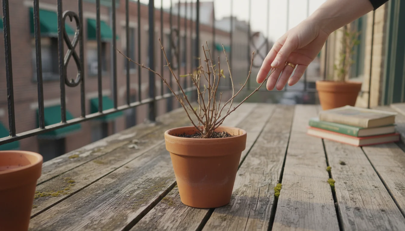 A person's hand gently touches the bare, spindly stem of a seemingly dead potted plant on a wooden deck.