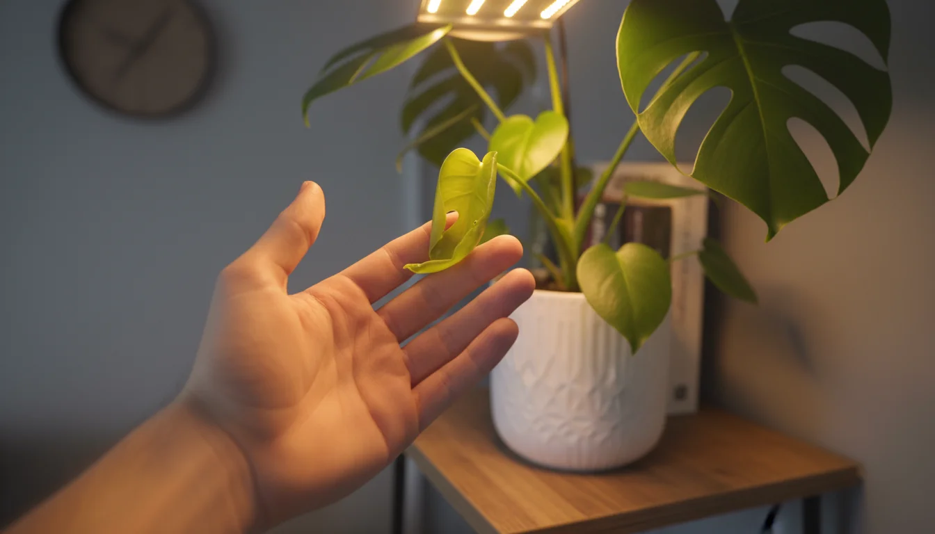 A person's hand touches a bright green, unfurling new leaf of a Monstera plant under a grow light in a ceramic pot.