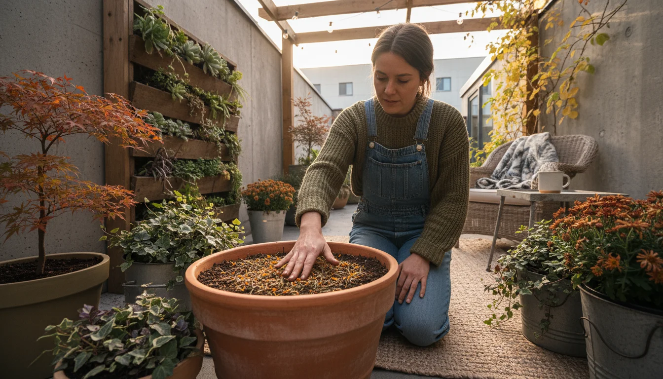Person's hand gently touches chopped fall plant debris on the soil surface of a terracotta pot on a cozy patio.