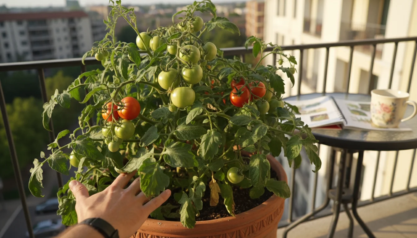 A person's hand gently touches green tomatoes on a container plant on a balcony, with a gardening book nearby.