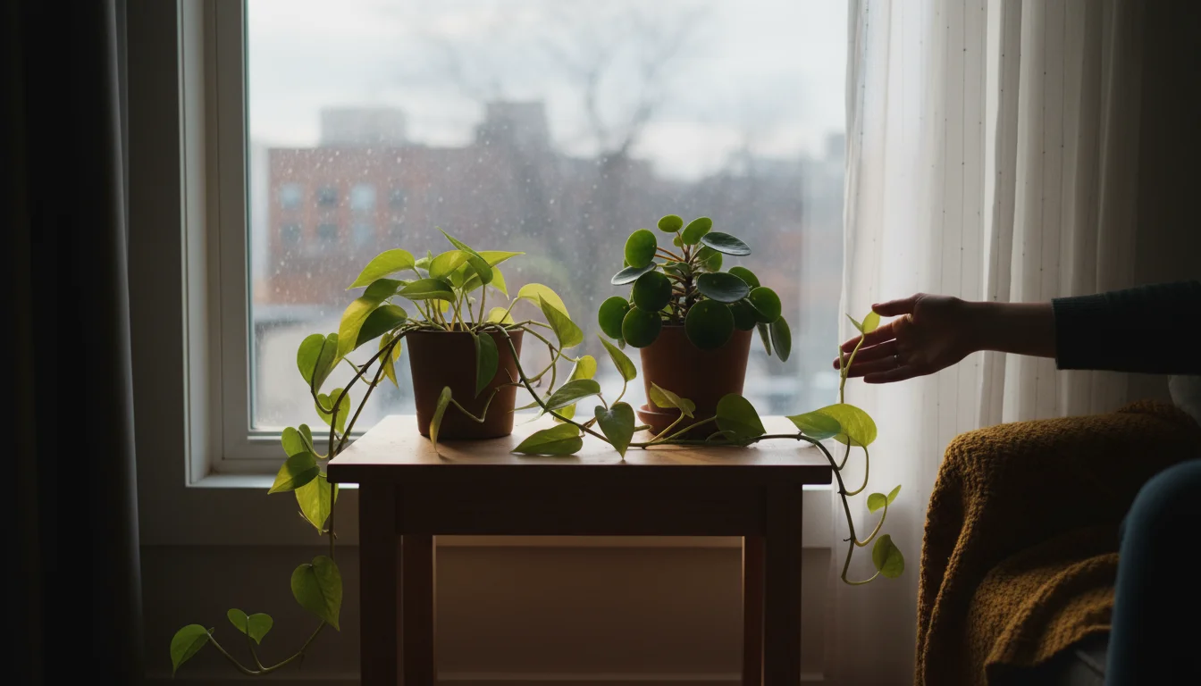 A person's hand gently touches a leaf of a thriving Pothos plant, placed indoors on a wooden table away from a window.