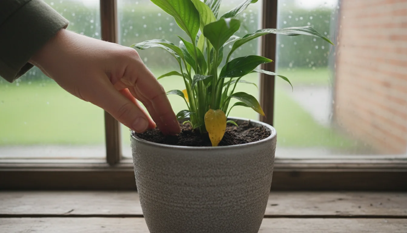 A person's hand touches moist soil of a Peace Lily with yellowing lower leaves in a ceramic pot on a wooden windowsill.