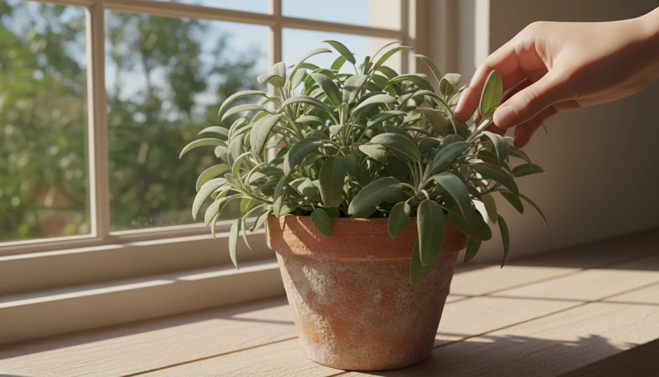 A person's hand gently touches the velvety leaves of a thriving sage plant in a terracotta pot on a bright windowsill.