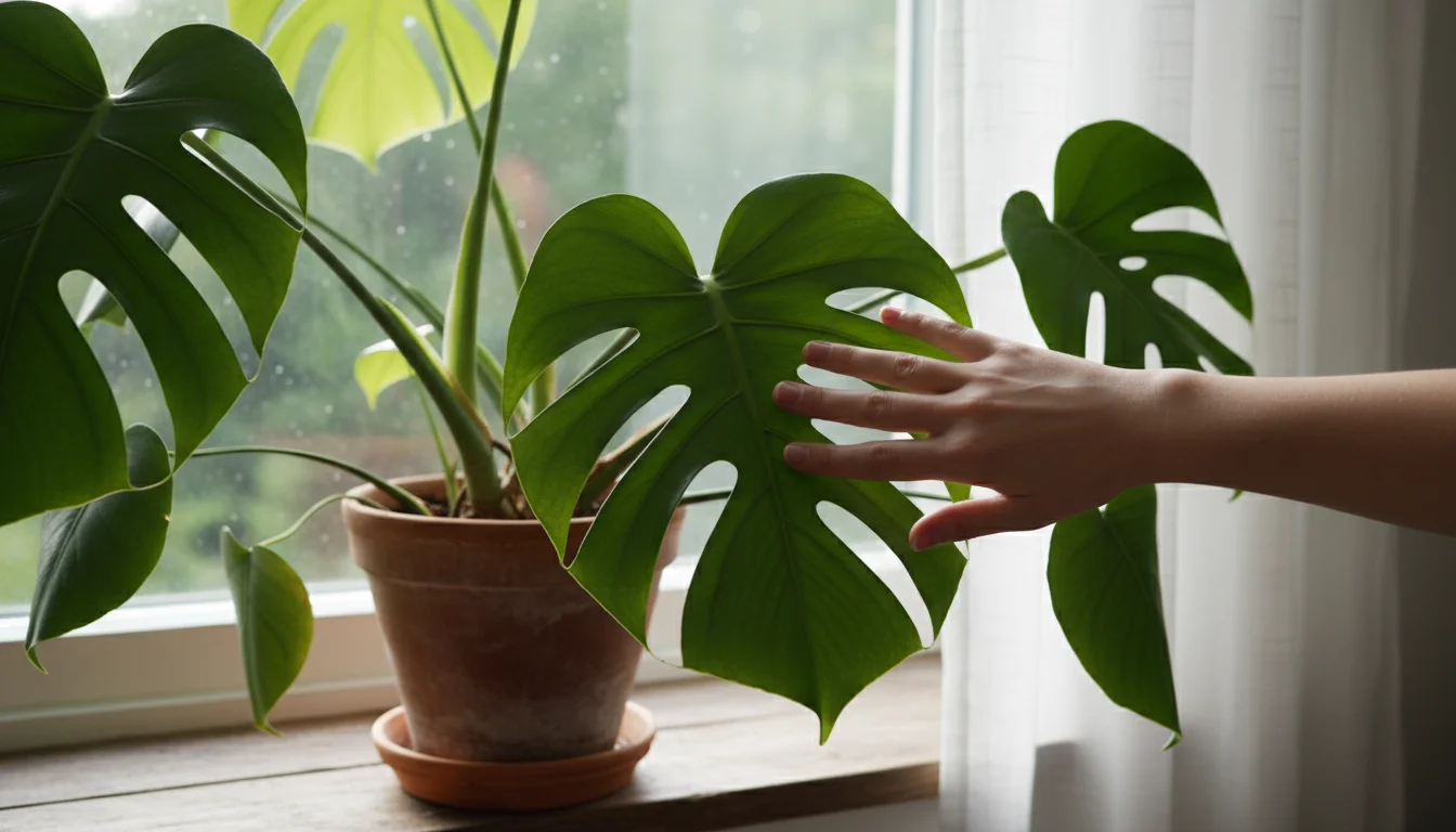 A person's hand gently touches a vibrant green Monstera leaf in a terracotta pot on a sunlit window sill, conveying patient observation.