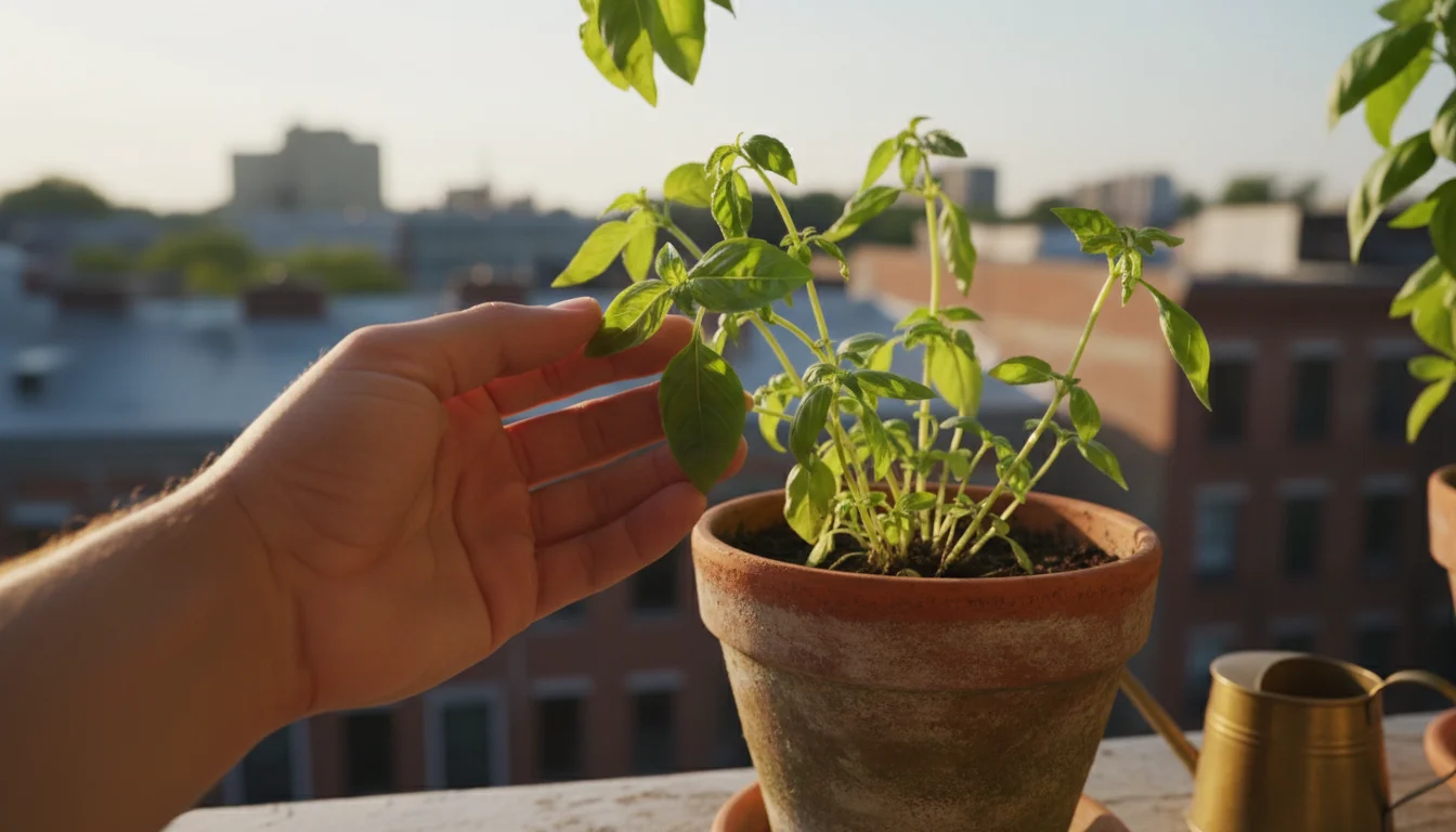 A person's hand gently touches a slightly wilting basil leaf in a terracotta pot on an urban balcony, showing early heat stress.