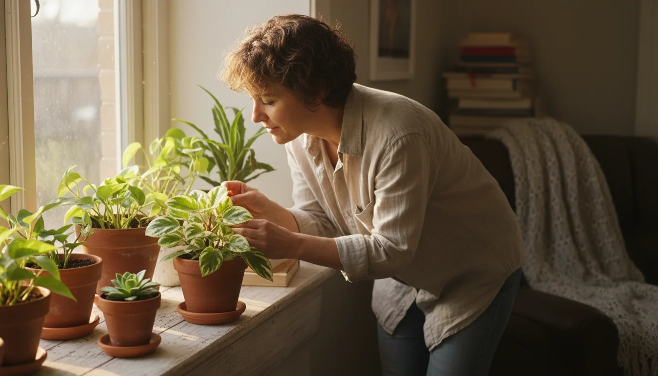 A person's hand gently touching a healthy houseplant in a terracotta pot in a sunlit indoor space with other potted plants.