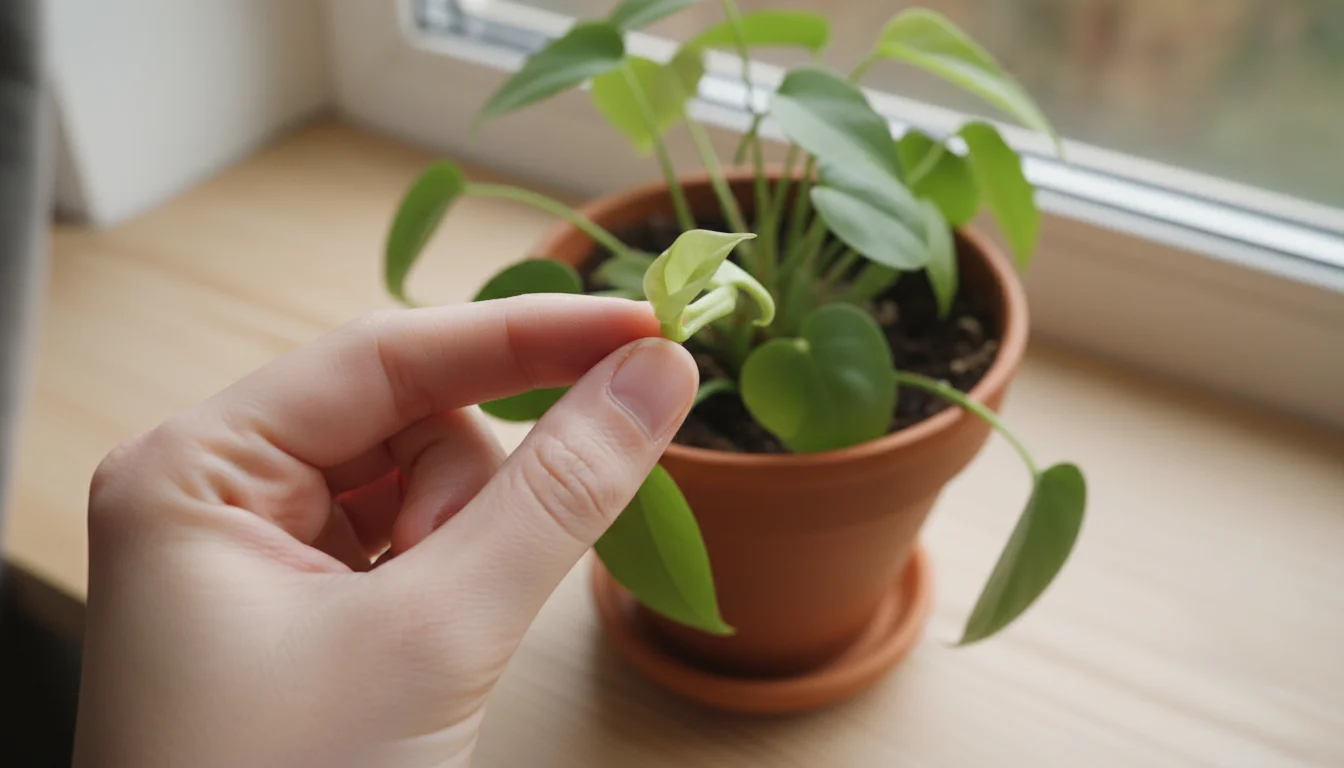 A close-up of a person's hand gently touching a tiny, pale green new leaf unfurling on a houseplant in a terracotta pot on a windowsill.