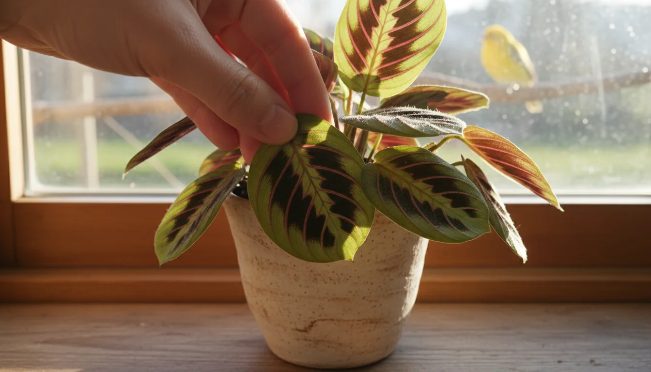 A person's hand gently touching the underside of a 'Red Vein' Prayer Plant leaf, with a yellow sticky trap visible in the pot.