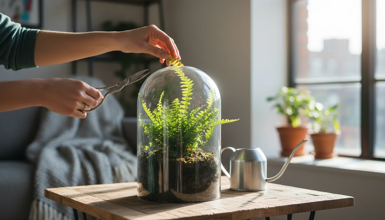 Person's hand trims a yellow leaf from a fern in a glass cloche terrarium on a small table by a window.