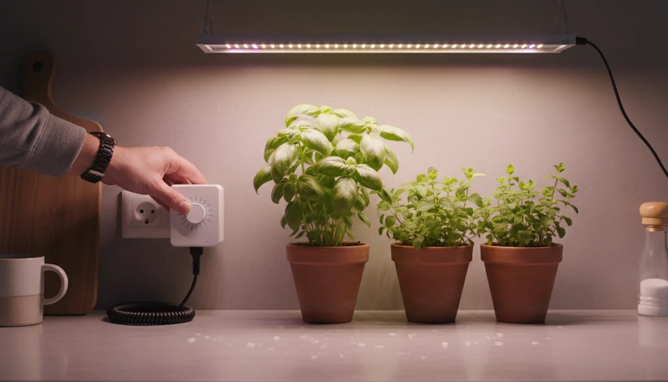 A person's hand turns the dial of a white mechanical timer. The timer is connected to an LED grow light illuminating small potted herbs on a kitchen c