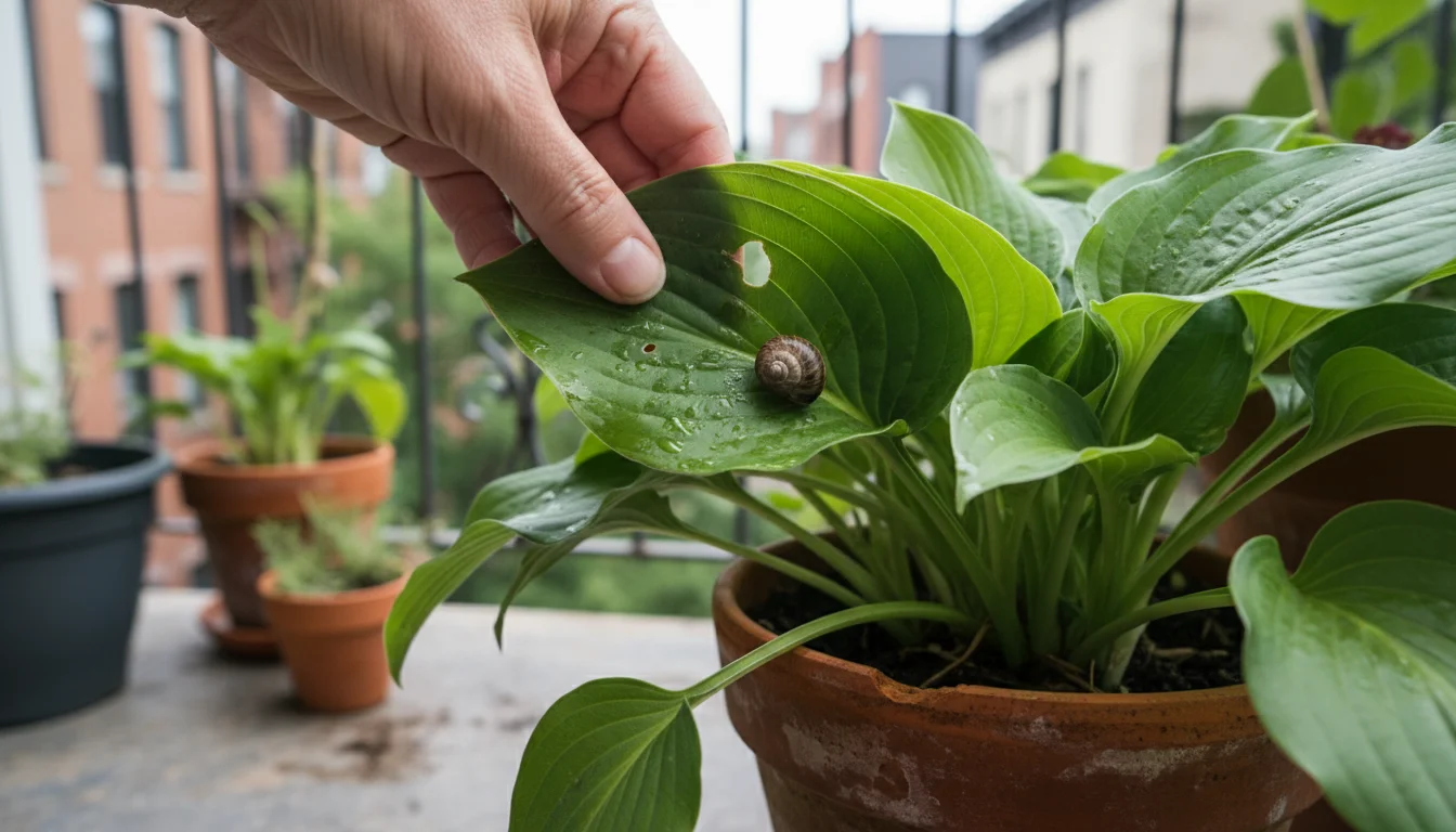 A person's hand turns over a green hosta leaf in a terracotta pot, revealing a small snail and chew marks on the underside.