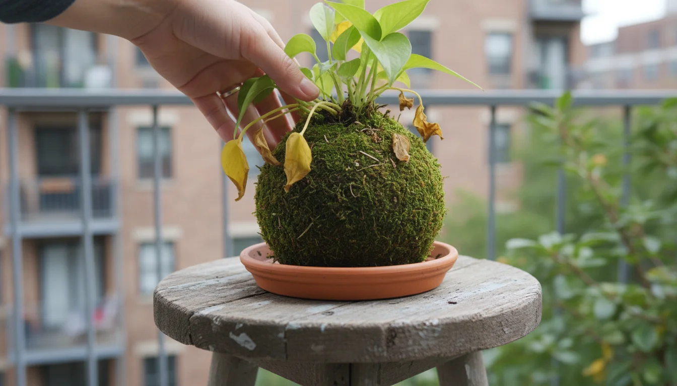 A person's hand gently turns a kokedama with yellowing leaves, sitting on a terracotta saucer on a wooden stool.