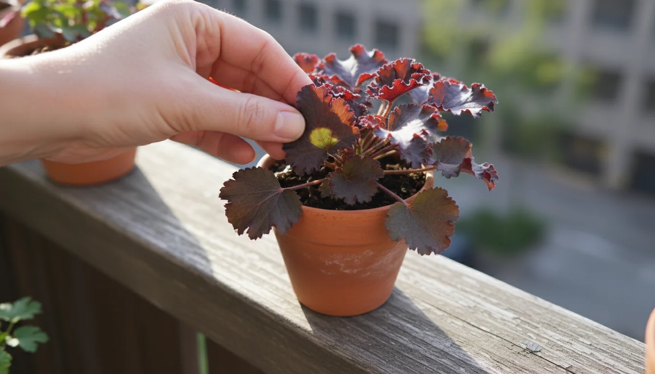 A person's hand gently turns over a leaf of a perennial plant in a terracotta pot to inspect it on a balcony railing.