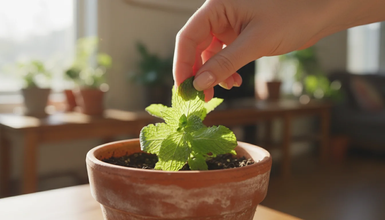 A person's hand gently turns a mint leaf to inspect its pristine underside in natural light.