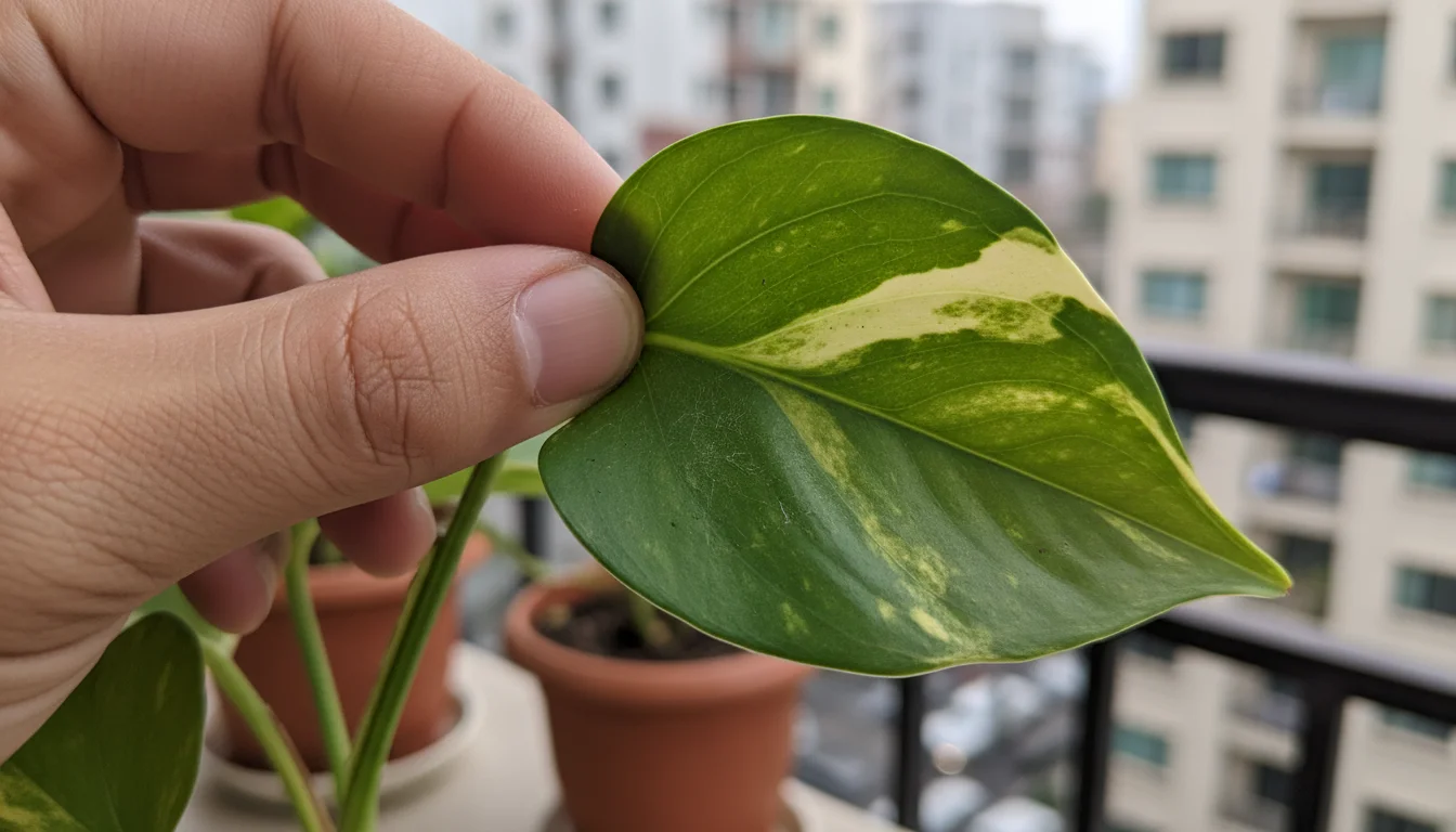 A person's hand gently turns a Pothos leaf, revealing its underside with subtle yellow mottling and fine webbing.