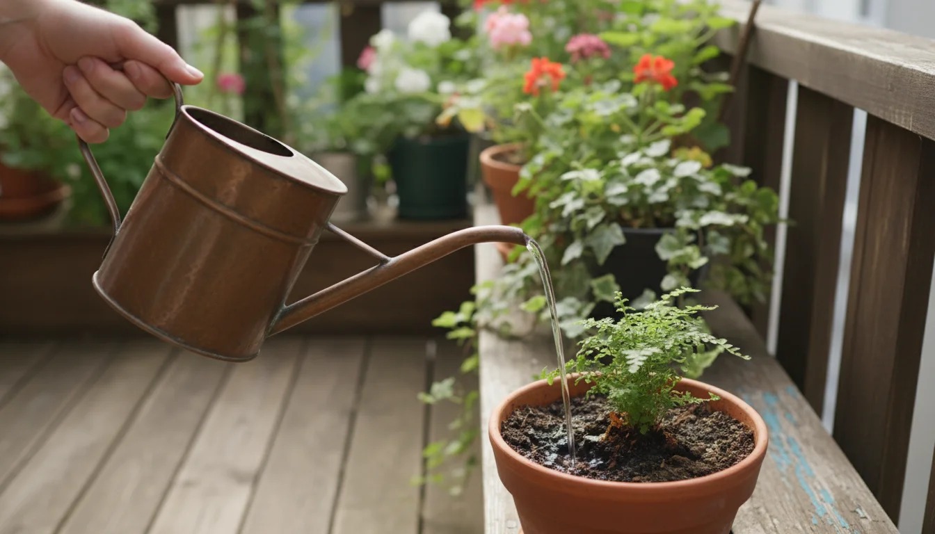 A person's hand uses a copper watering can to gently water dry soil in a terracotta pot on a balcony railing, with blurred plants in the background.