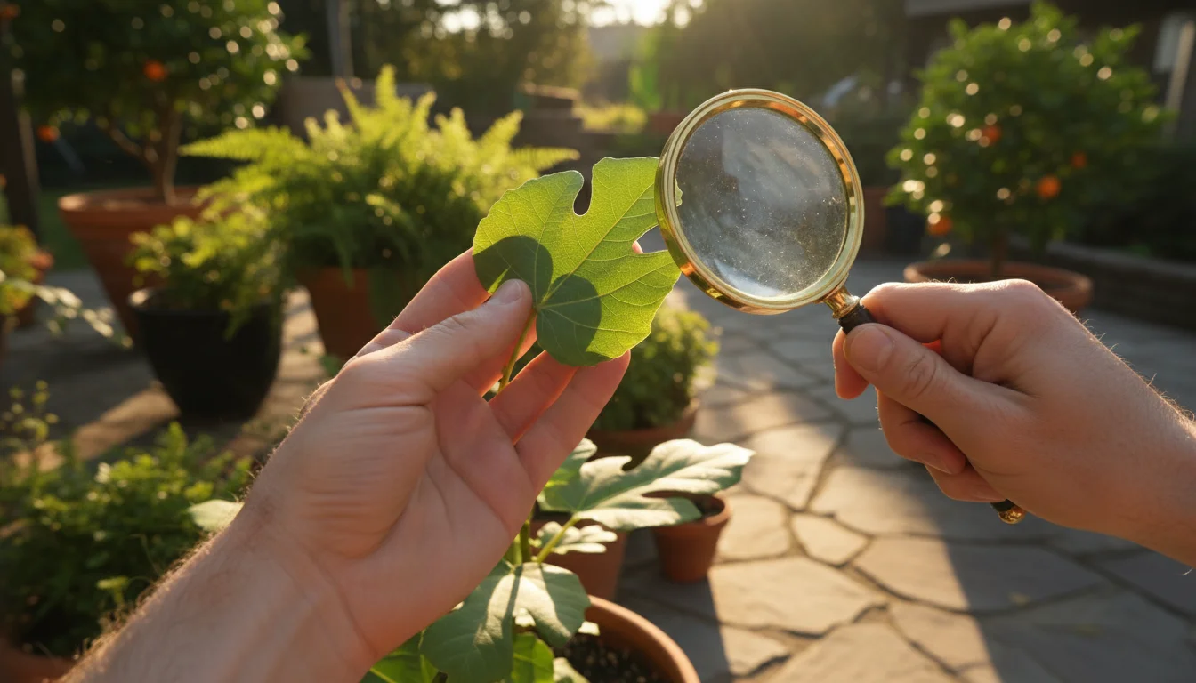 A person's hand uses a magnifying glass to closely examine the underside of a green leaf on a potted plant outdoors.