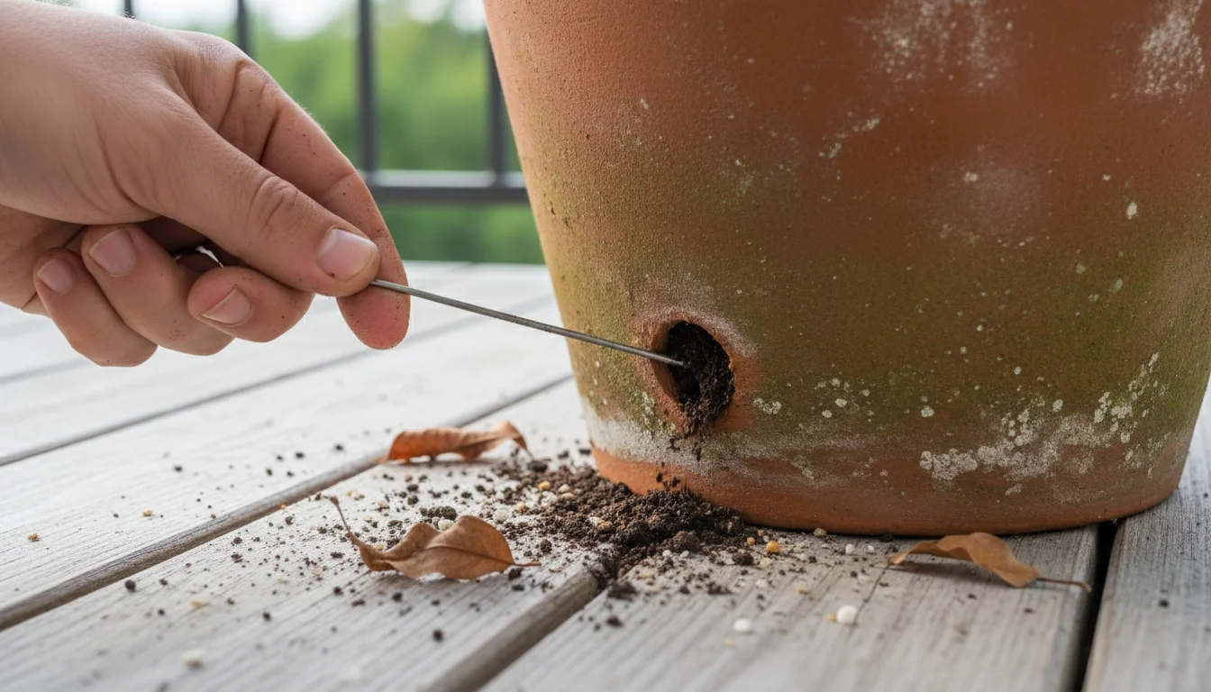 A person's hand uses a metal skewer to clear a partially blocked drainage hole on a weathered terracotta pot, set on a wooden balcony.