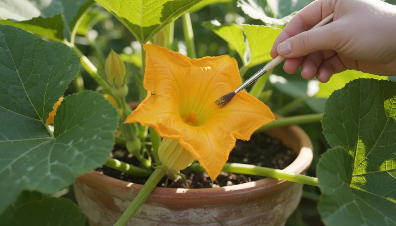A person's hand uses a small paintbrush to hand-pollinate a vibrant orange-yellow pumpkin flower in a terracotta pot on a sunny balcony.