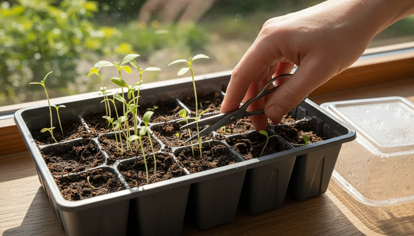 A person's hand uses small scissors to thin crowded green seedlings in a rectangular tray on a windowsill, showing some already spaced out.