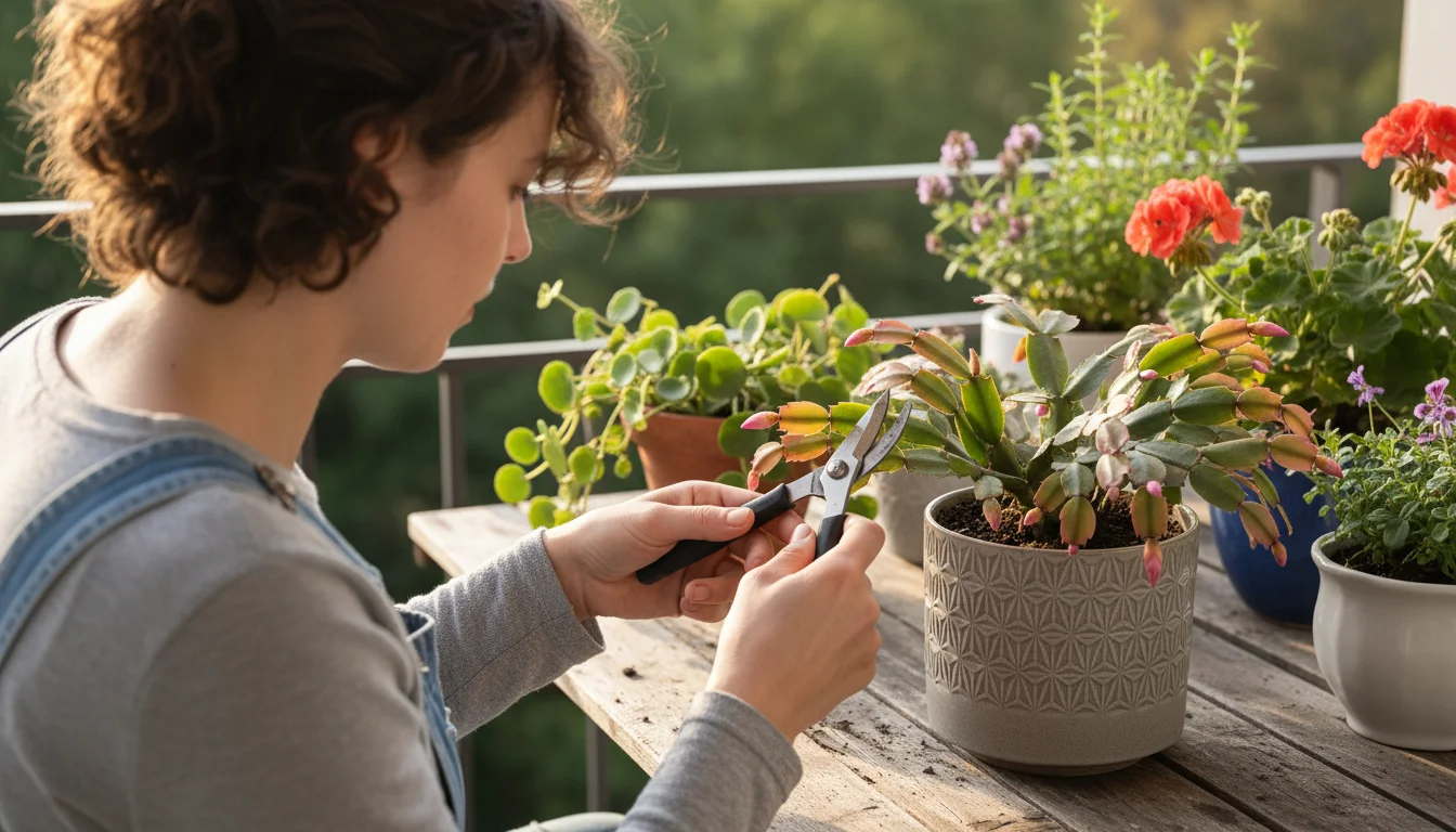 A person's hand uses small shears to prune a leggy segment from a Christmas Cactus plant in a grey pot on a balcony table.