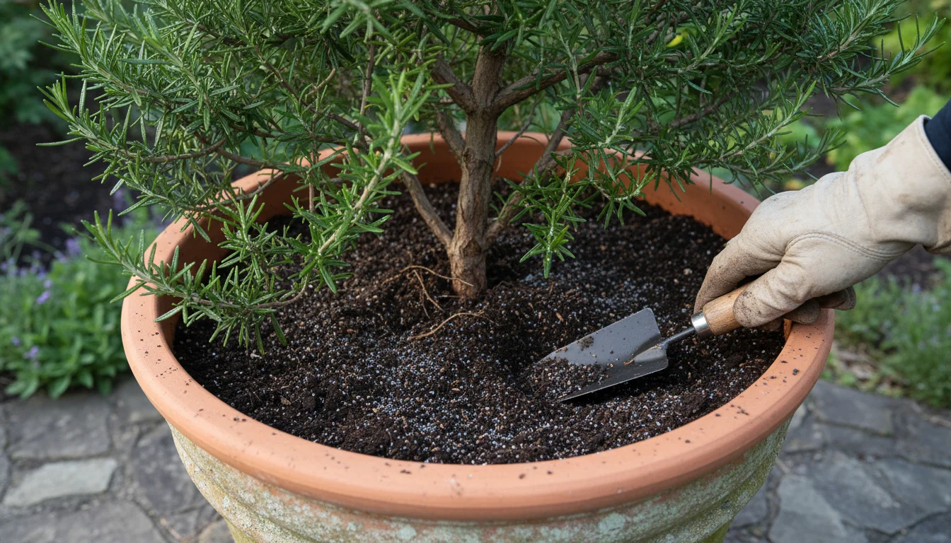 A person's hand uses a small trowel to carefully loosen soil around the base of an established rosemary plant in a terracotta pot, with tiny cover cro