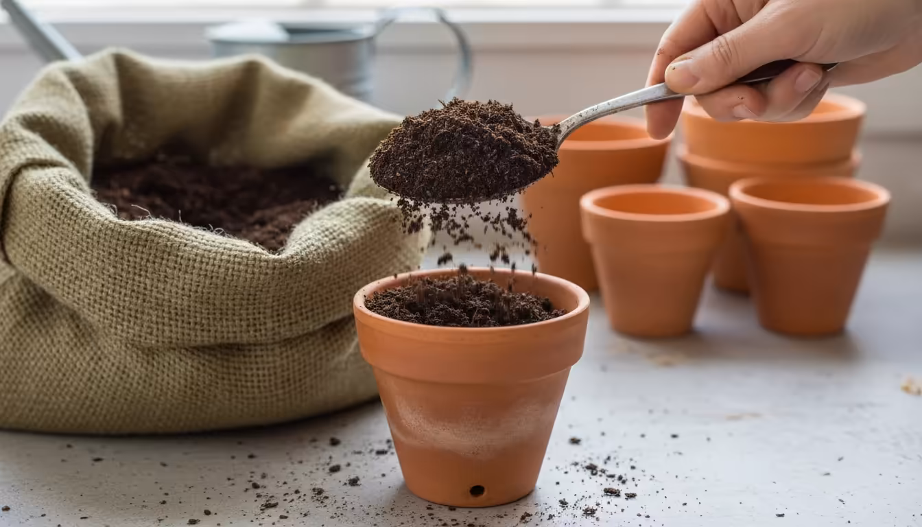 Person's hand using a metal kitchen spoon to scoop potting mix from a bag into a small terracotta pot on a concrete balcony.