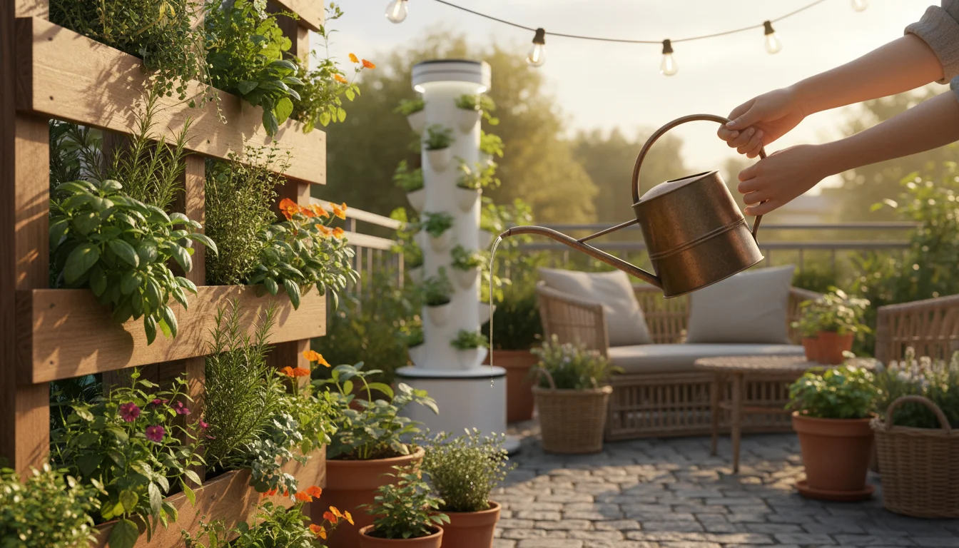 A person hand-watering a pallet vertical garden on a patio, with a modern hydroponic vertical tower visible in the soft background.