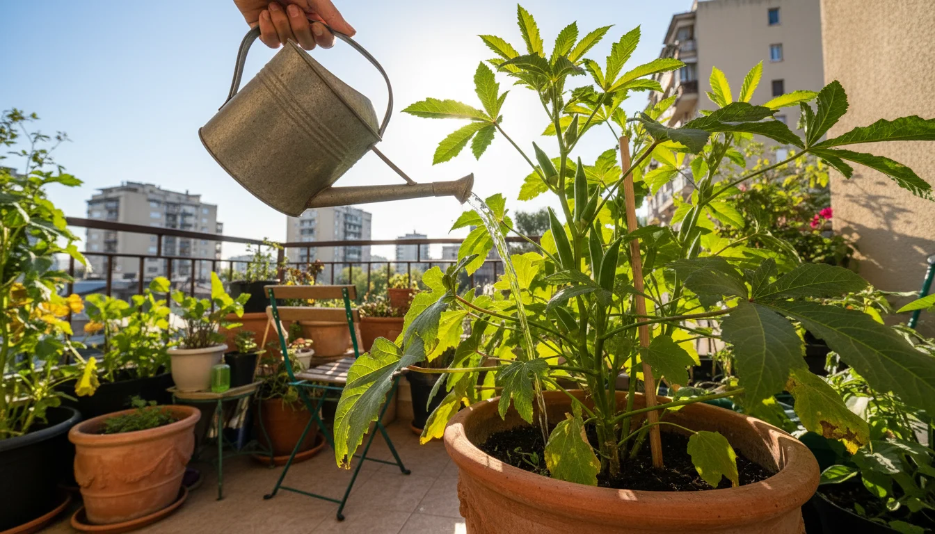 A person's hand watering a tall okra plant in a deep terracotta pot on a sunny balcony, highlighting the plant's care.