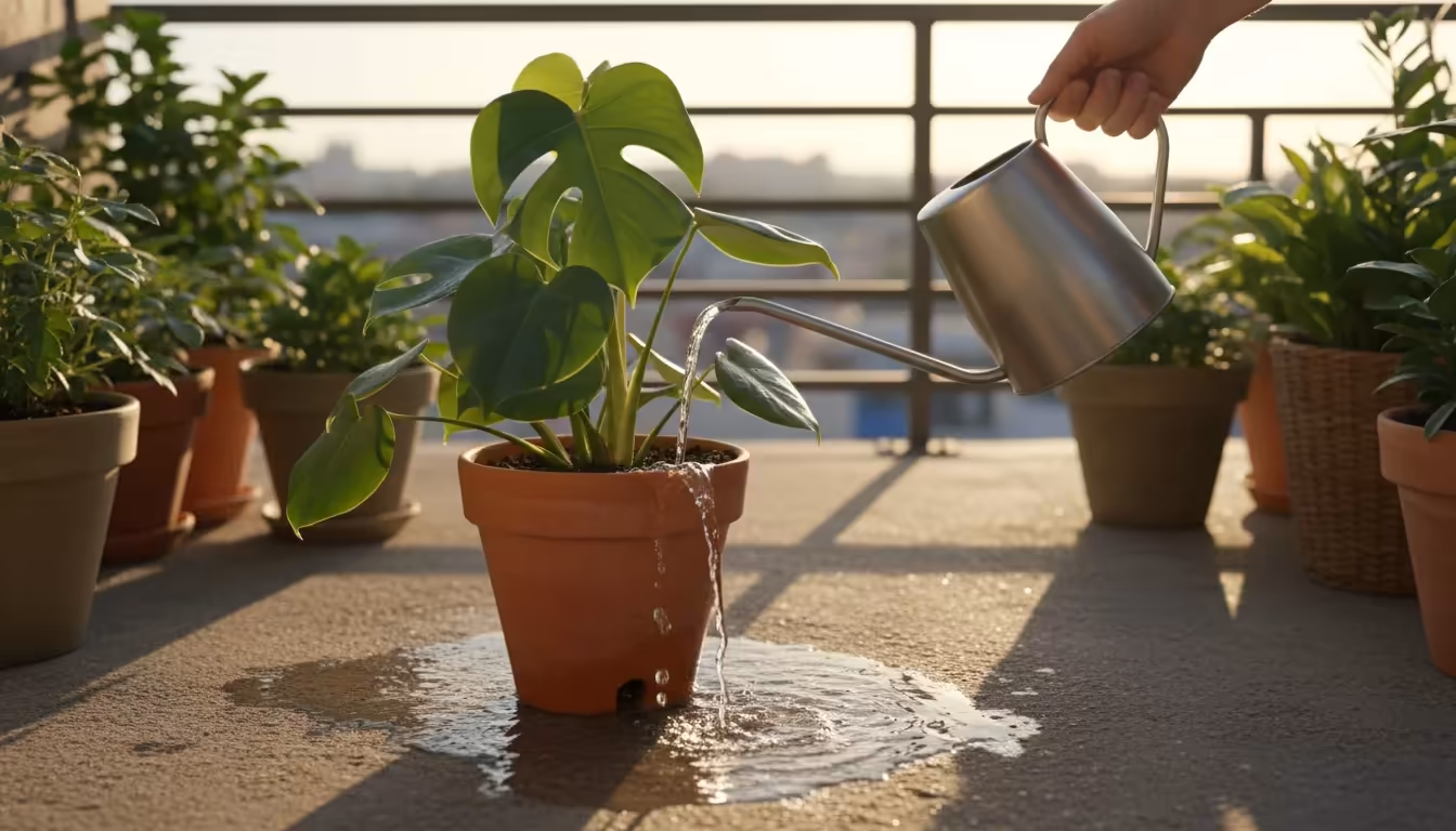 Person's hand waters a container plant on a balcony; water visibly drains from pot's bottom, indicating deep watering.