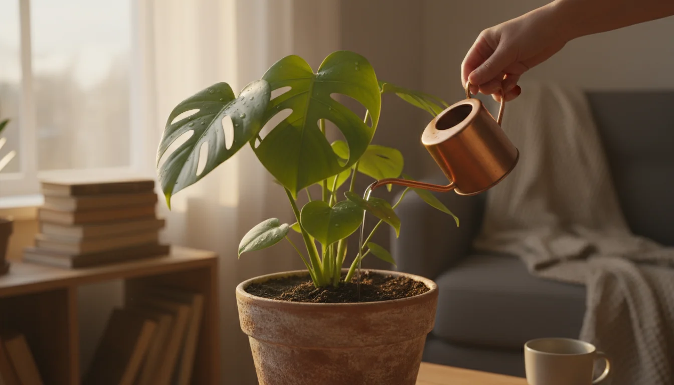 A person's hand gently waters a healthy plant in a terracotta pot on a sunlit patio, emphasizing careful watering.