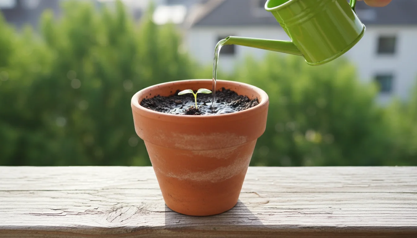 A person's hand waters a newly planted micro-tomato seedling in a small terracotta pot on a balcony railing; water is visibly draining from the pot's 