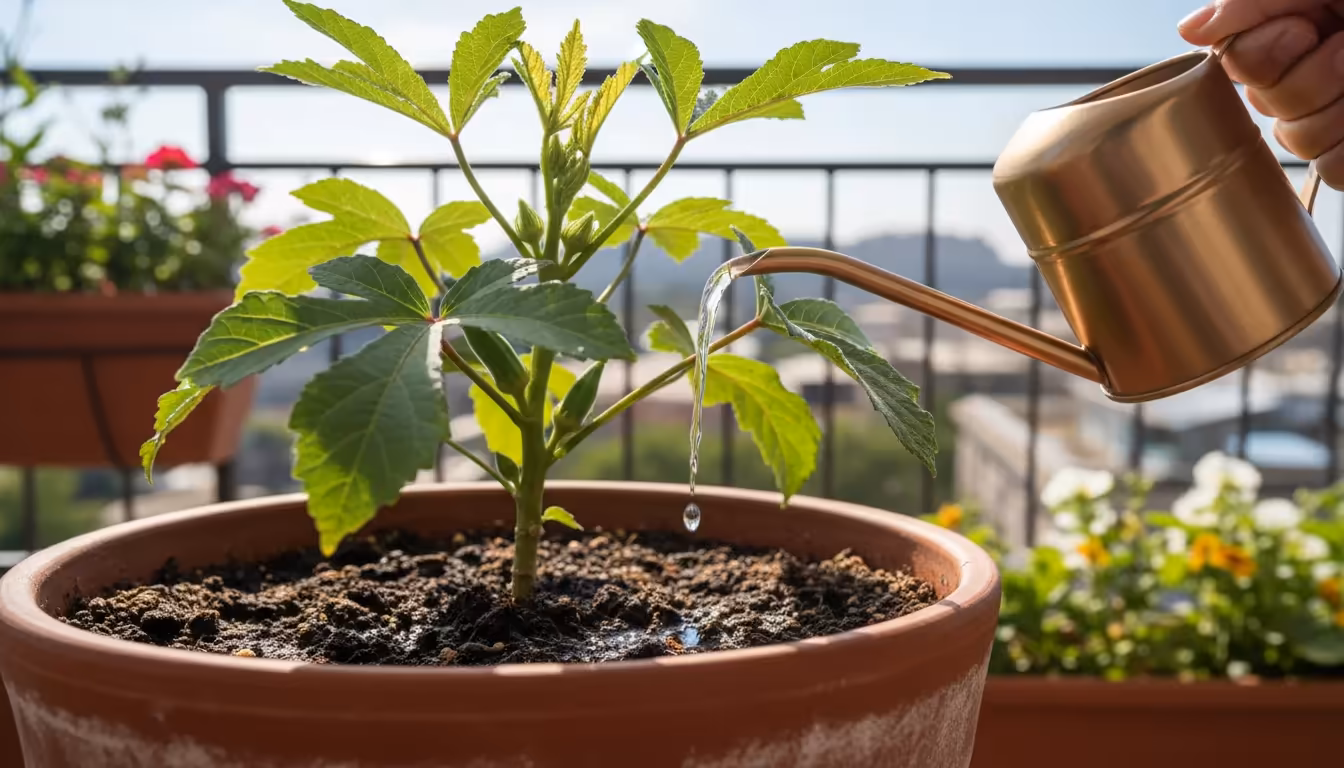 Person's hand waters a potted okra plant on a sunny balcony; water drips from the pot's bottom, showing deep watering.