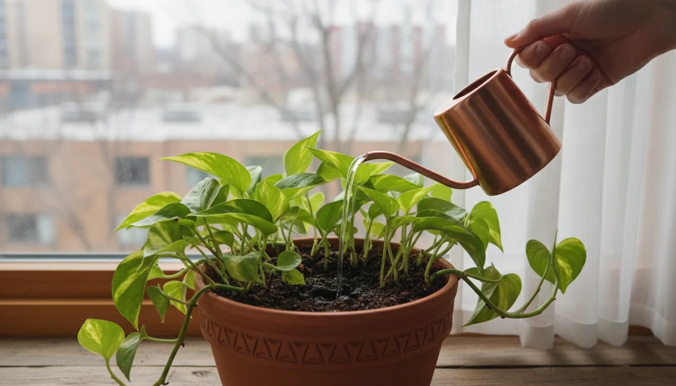 A person's hand gently waters a repotted Pothos plant in a terracotta pot on an urban windowsill with a small copper watering can.