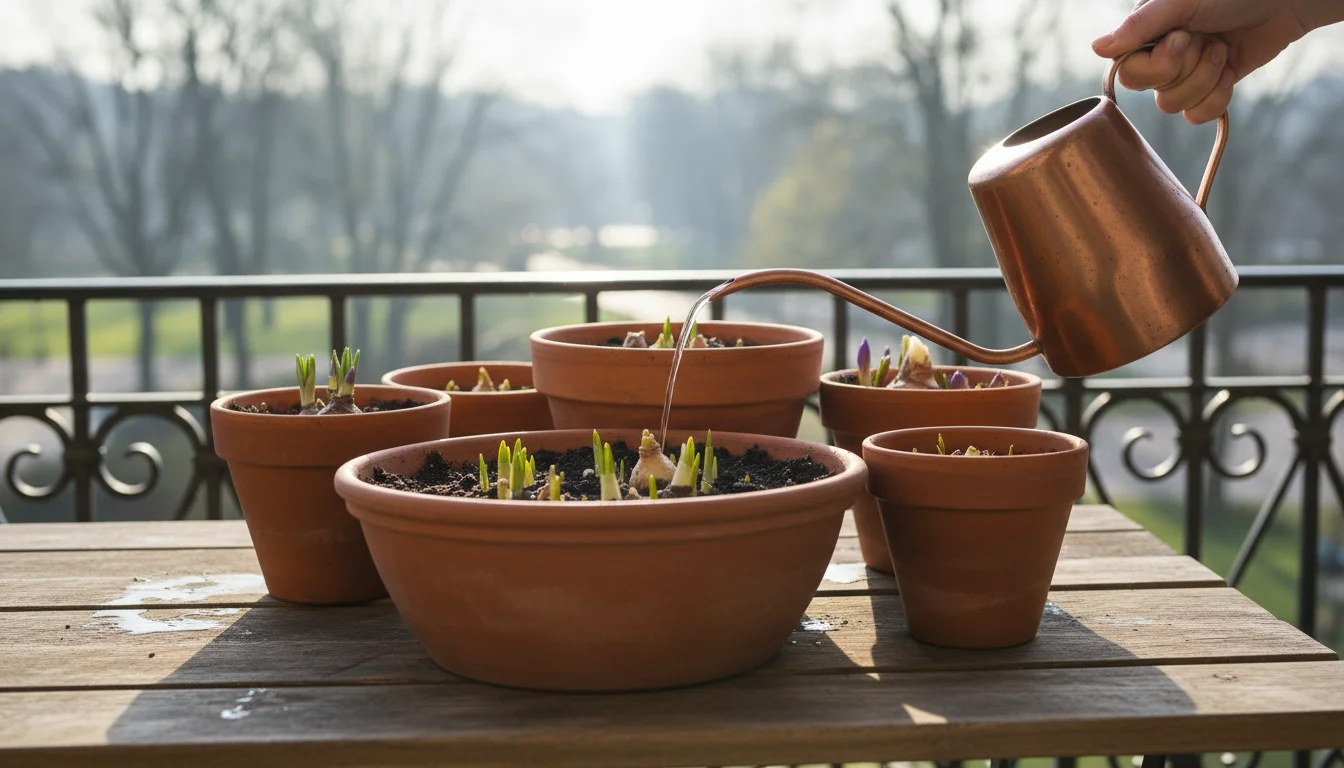A person's hand gently waters a terracotta pot with small green shoots emerging. Other dormant pots sit nearby on a wooden table.