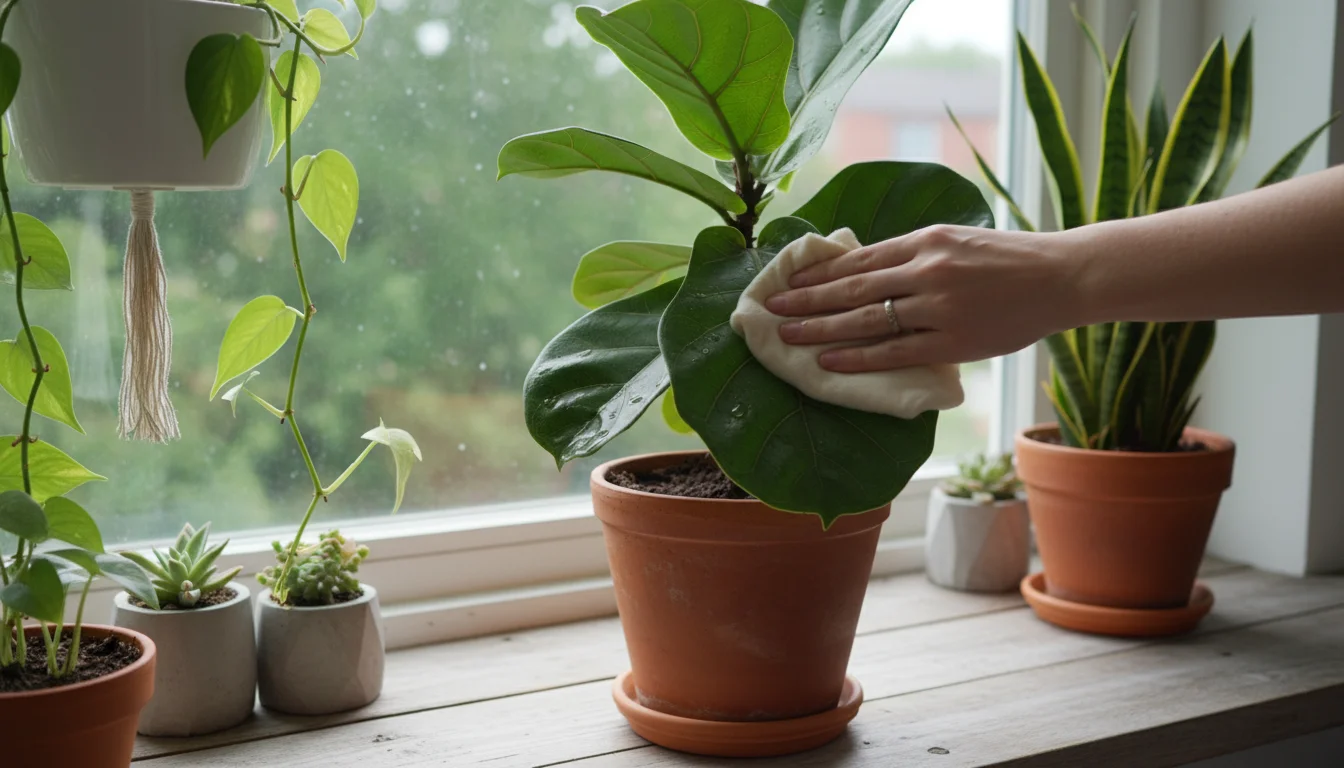 A person's hand gently wipes a broad, dark green houseplant leaf with a damp cloth on a sunlit windowsill.