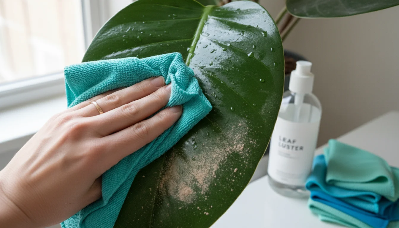A person's hand gently wipes dust from a large, shiny green houseplant leaf with a microfiber cloth. Leaf cleaner bottle in soft background.