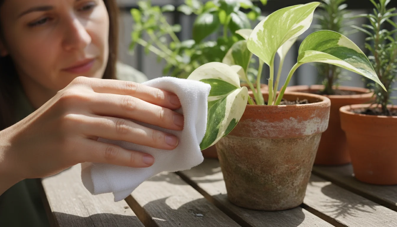Person's hand gently wipes a variegated Pothos leaf, intently examining it on a small balcony table.