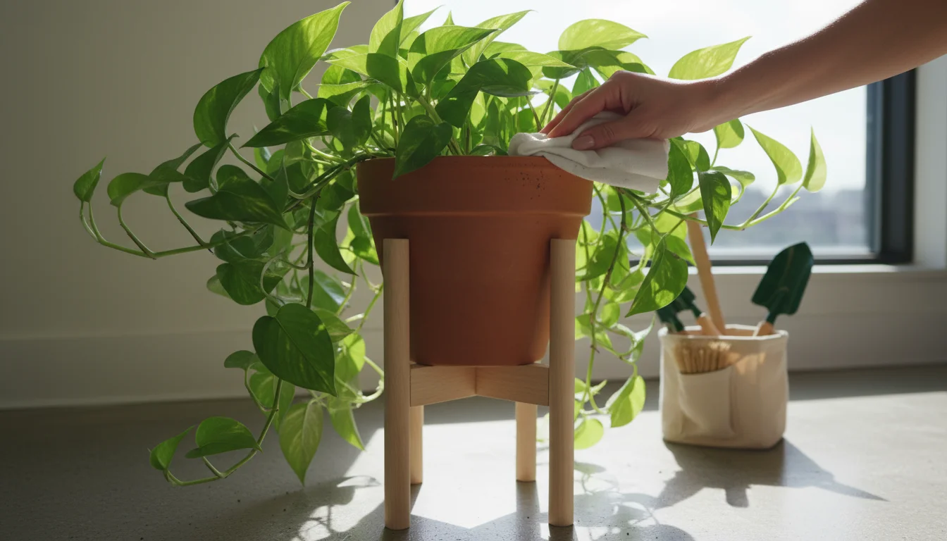 A person's hand wiping a clean terracotta pot with a thriving Pothos plant on a minimalist stand in a bright, tidy apartment.