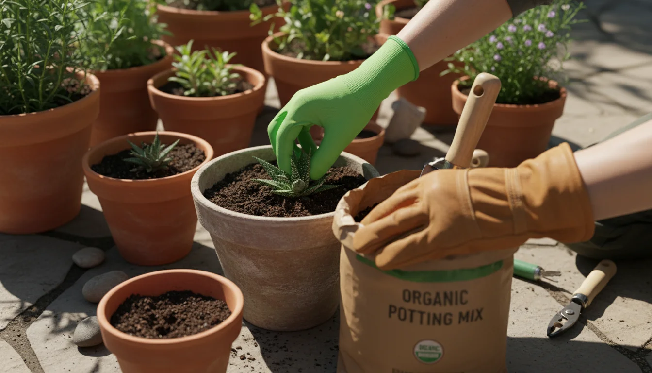 A person's hands actively gardening on a patio, one gloved in nitrile planting a succulent, the other in leather resting on soil.