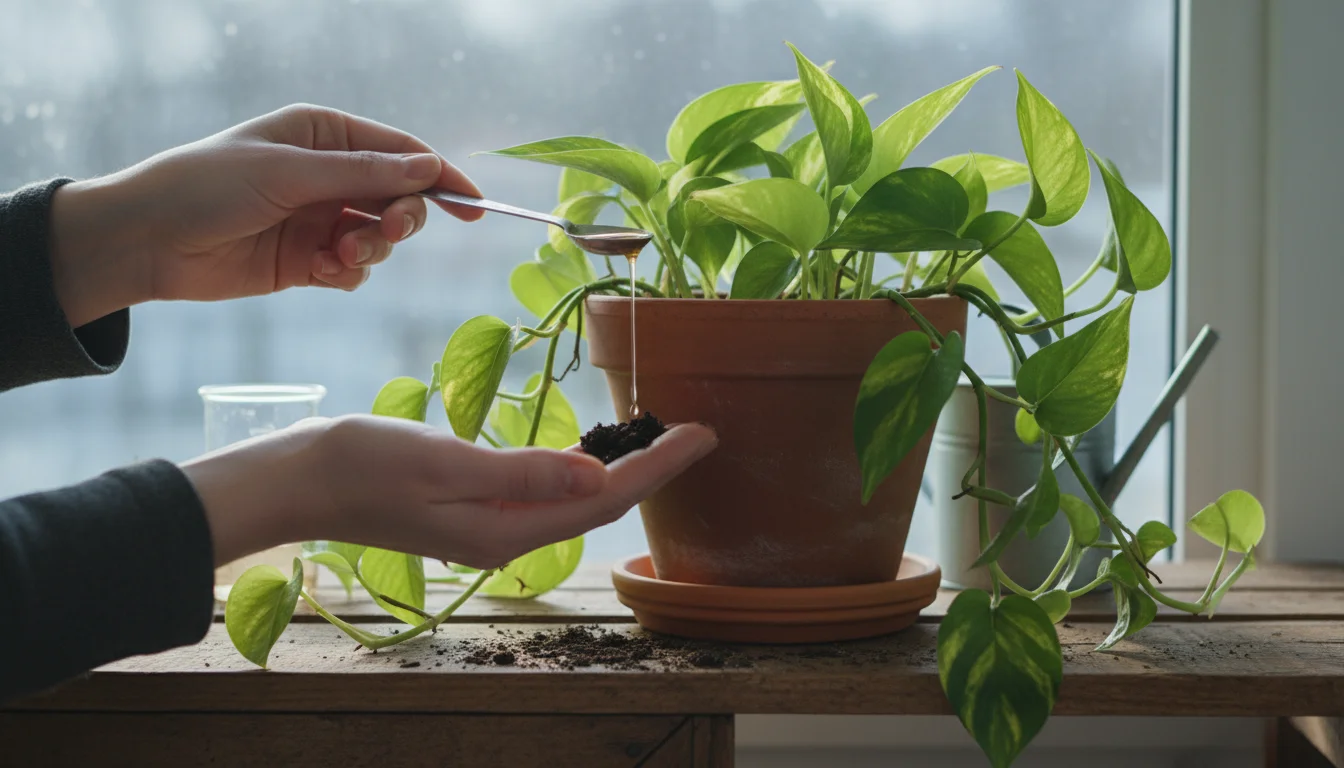 Person's hands carefully add diluted liquid fertilizer to a potted Pothos plant on a shelf.