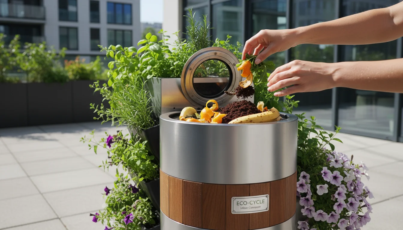 A person's hands add diverse kitchen scraps into a compact worm composting bin on an urban patio, surrounded by lush container plants.