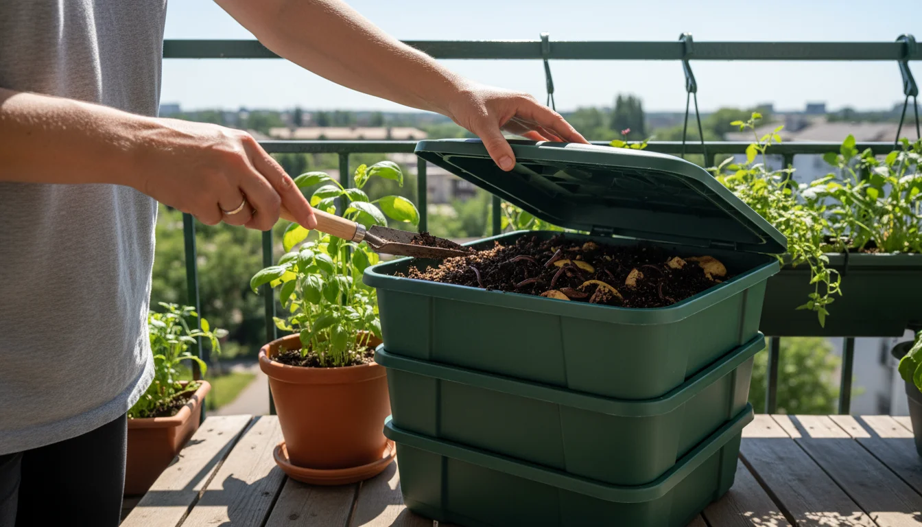A person's hands add kitchen scraps to a compact, multi-tiered worm composting bin on a small, plant-filled apartment balcony.