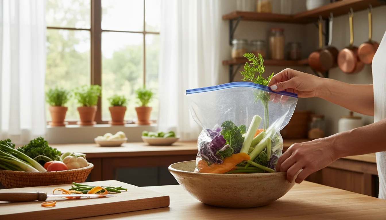 A person's hands add vibrant green carrot tops and peeled broccoli stems to a freezer bag labeled