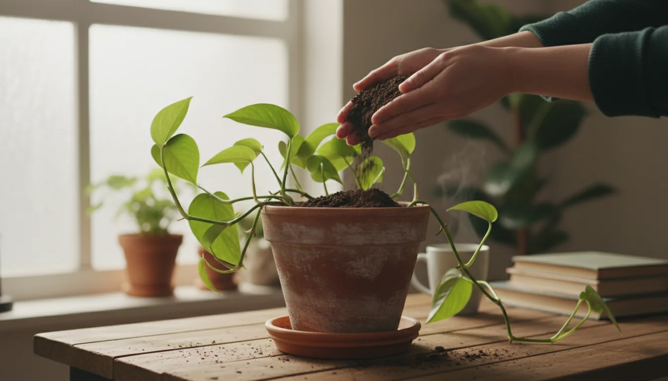 Person's hands gently adding dark, nutrient-rich top dressing to a vibrant houseplant in a terracotta pot, with a bag of soil nearby.