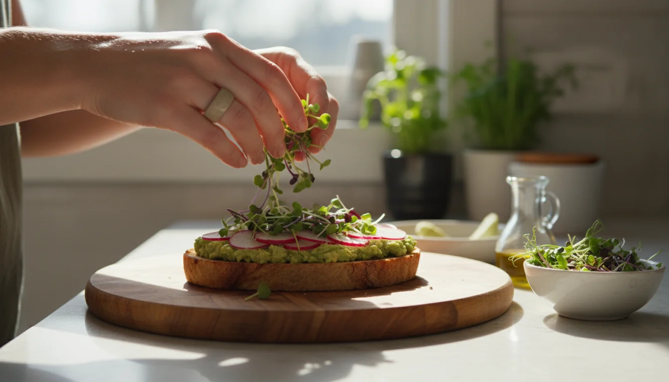 A person's hands adding a handful of vibrant microgreens to an open-faced avocado and radish sandwich on a wooden cutting board.